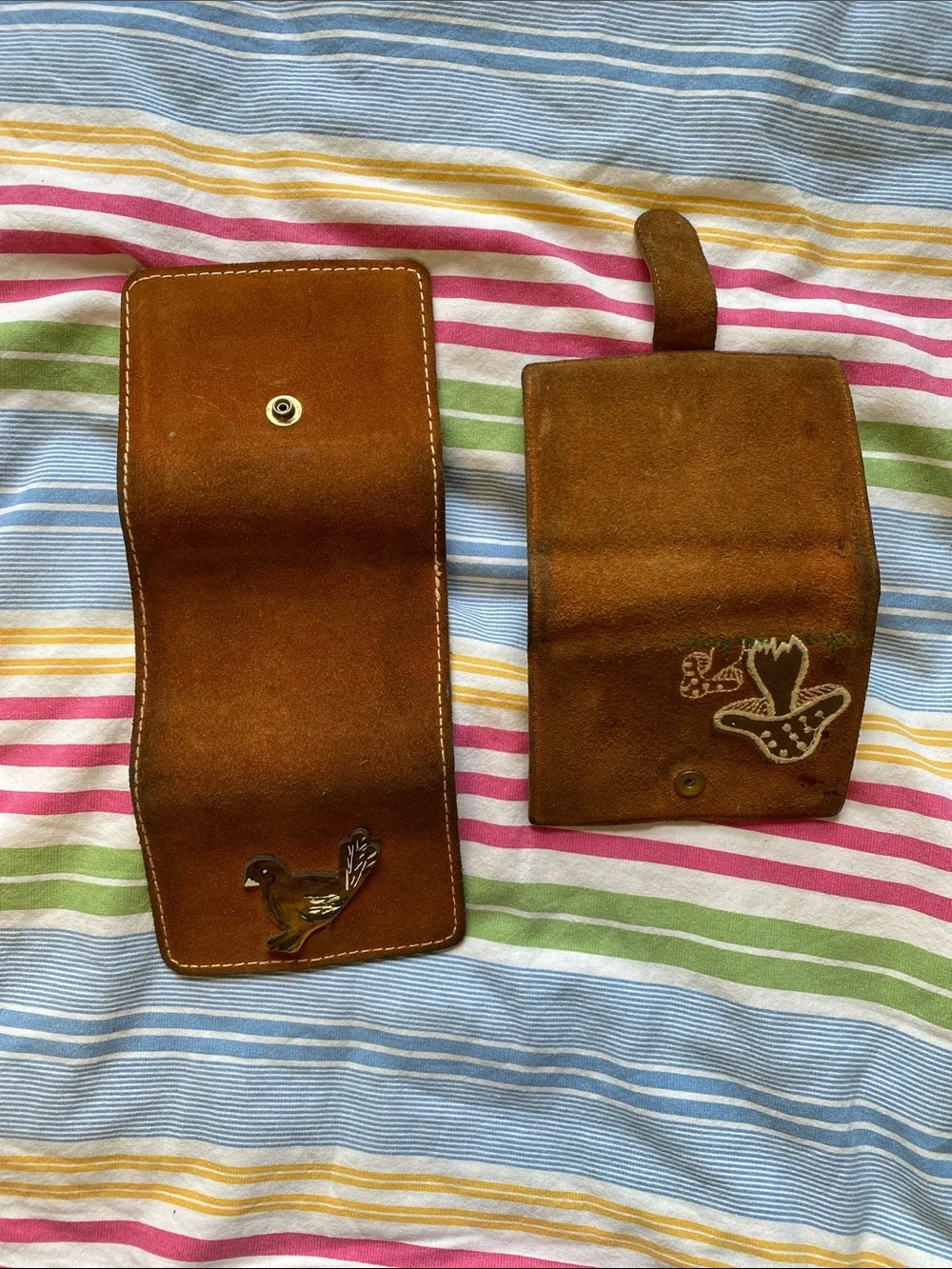 Set of 2 Suede Brown Wallet with Bird and Mushroom Motifs